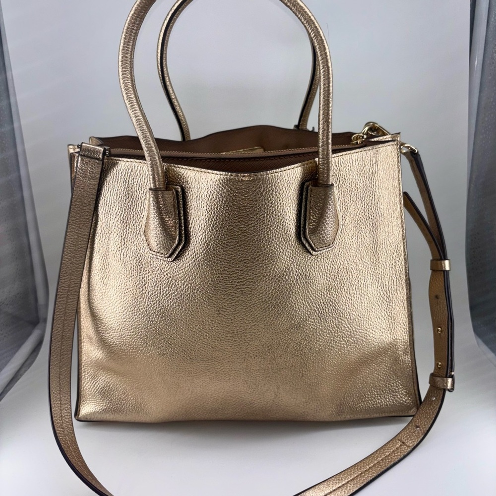 Michael Kors Mercer Metallic Gold Pebble Leather Shoulder Crossbody Tote Bag - Picture 12 of 12